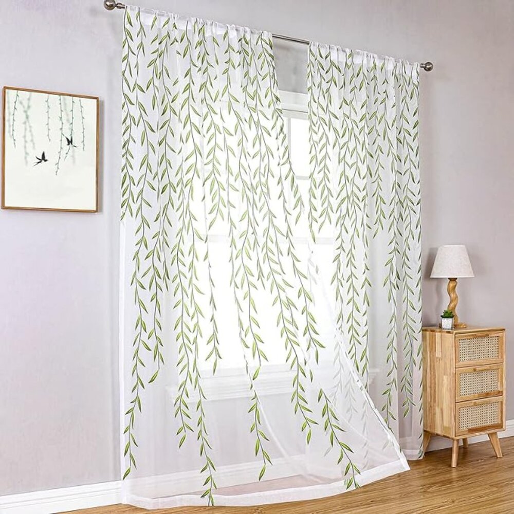 Set of 2 Green Sheer Curtains Printed Sheer Bedroom Curtains 2 Panels 78 inches